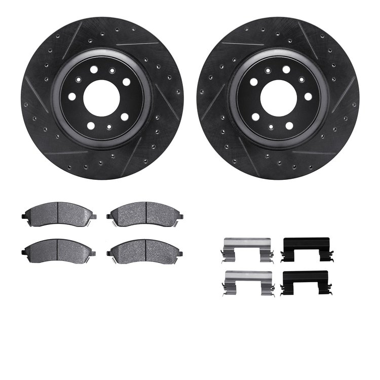 8512-46137 Drilled/Slotted Brake Rotors w/5000 Advanced Brake Pads Kit & Hardware [Black], 2004-2005 GM, Position: Front