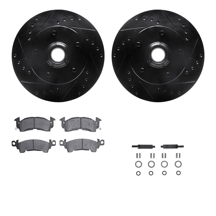 8512-47004 Drilled/Slotted Brake Rotors w/5000 Advanced Brake Pads Kit & Hardware [Black], 1969-1974 GM, Position: Front