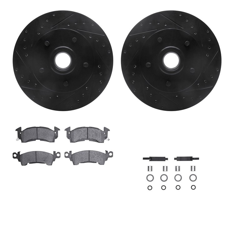 8512-47009 Drilled/Slotted Brake Rotors w/5000 Advanced Brake Pads Kit & Hardware [Black], 1969-1996 GM, Position: Front