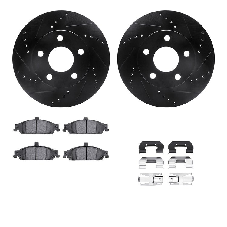 8512-47011 Drilled/Slotted Brake Rotors w/5000 Advanced Brake Pads Kit & Hardware [Black], 1997-2005 GM, Position: Front
