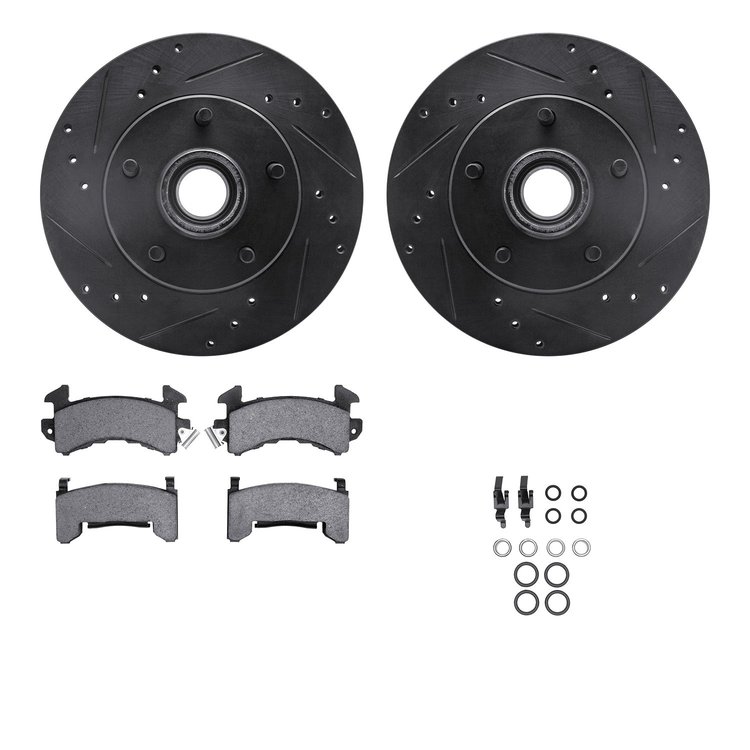 8512-47015 Drilled/Slotted Brake Rotors w/5000 Advanced Brake Pads Kit & Hardware [Black], 1982-1995 GM, Position: Front