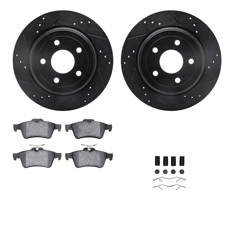 8512-47020 Drilled/Slotted Brake Rotors w/5000 Advanced Brake Pads Kit & Hardware [Black], 2008-2010 GM, Position: Rear