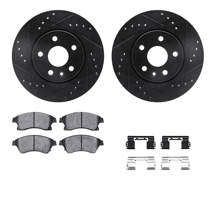 8512-47024 Drilled/Slotted Brake Rotors w/5000 Advanced Brake Pads Kit & Hardware [Black], 2011-2017 GM, Position: Front