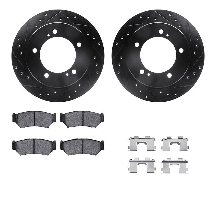 8512-47038 Drilled/Slotted Brake Rotors w/5000 Advanced Brake Pads Kit & Hardware [Black], 1998-1998 GM, Position: Front