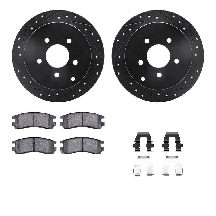 8512-47043 Drilled/Slotted Brake Rotors w/5000 Advanced Brake Pads Kit & Hardware [Black], 2001-2007 GM, Position: Rear