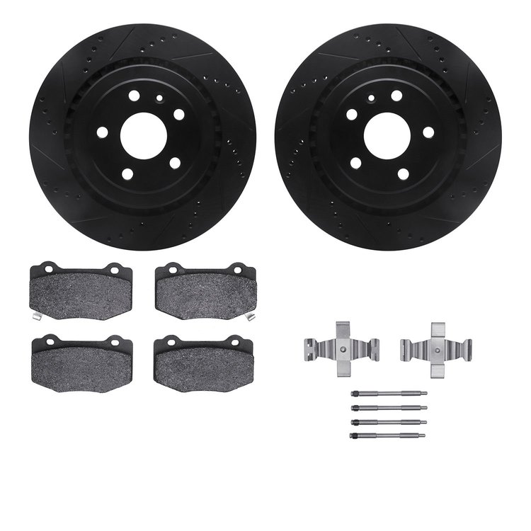 8512-47045 Drilled/Slotted Brake Rotors w/5000 Advanced Brake Pads Kit & Hardware [Black], Fits Select GM, Position: Rear