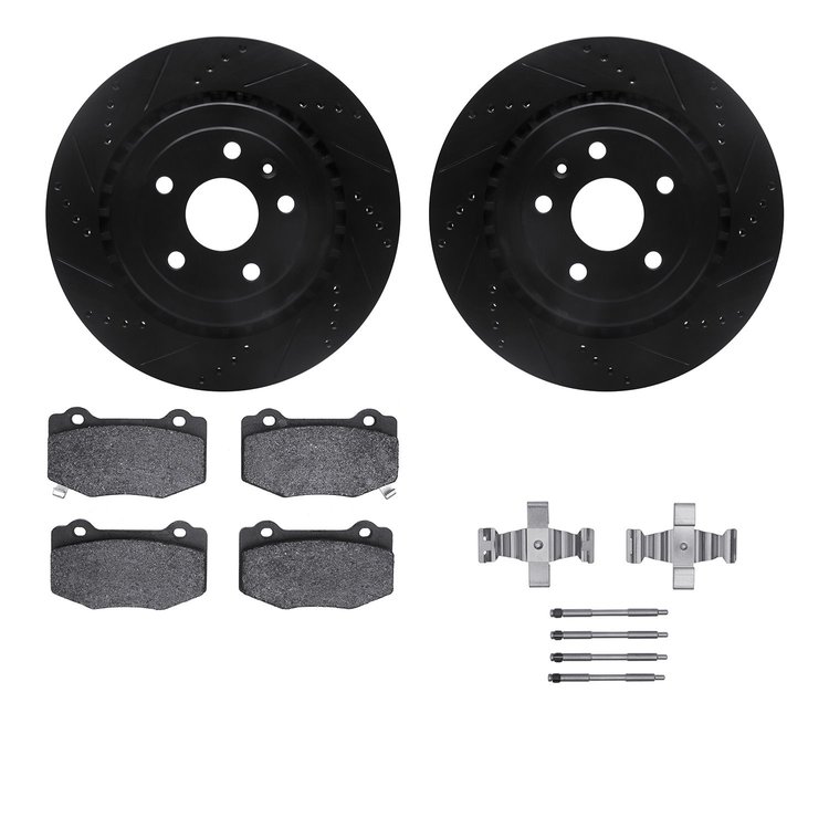 8512-47048 Drilled/Slotted Brake Rotors w/5000 Advanced Brake Pads Kit & Hardware [Black], Fits Select GM, Position: Rear