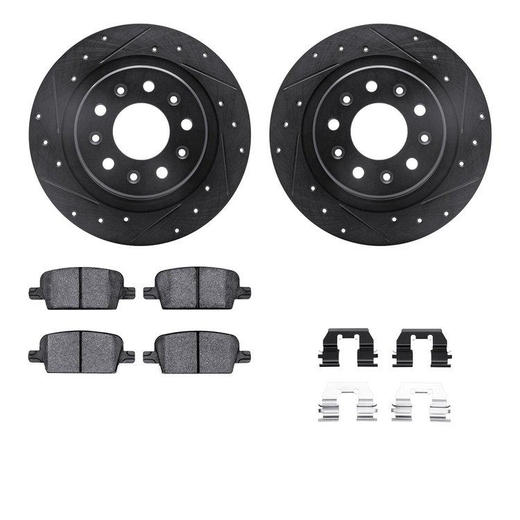 8512-47050 Drilled/Slotted Brake Rotors w/5000 Advanced Brake Pads Kit & Hardware [Black], Fits Select GM, Position: Rear