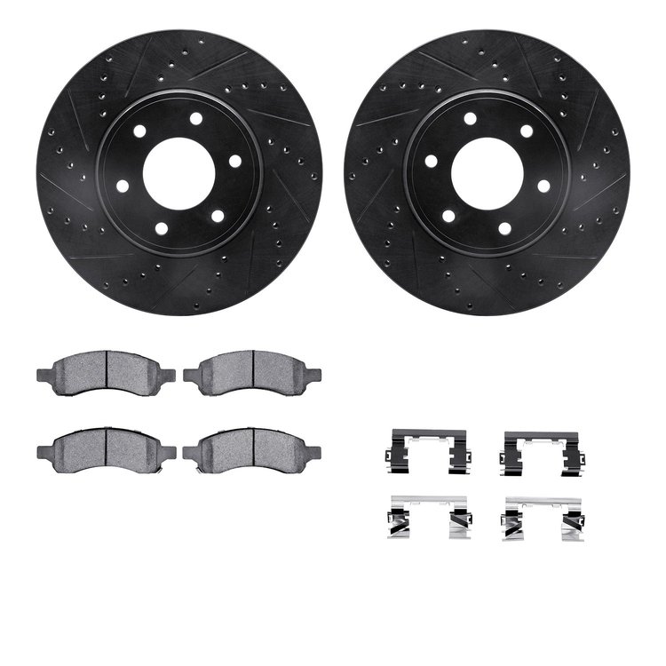8512-47057 Drilled/Slotted Brake Rotors w/5000 Advanced Brake Pads Kit & Hardware [Black], 2006-2009 GM, Position: Front