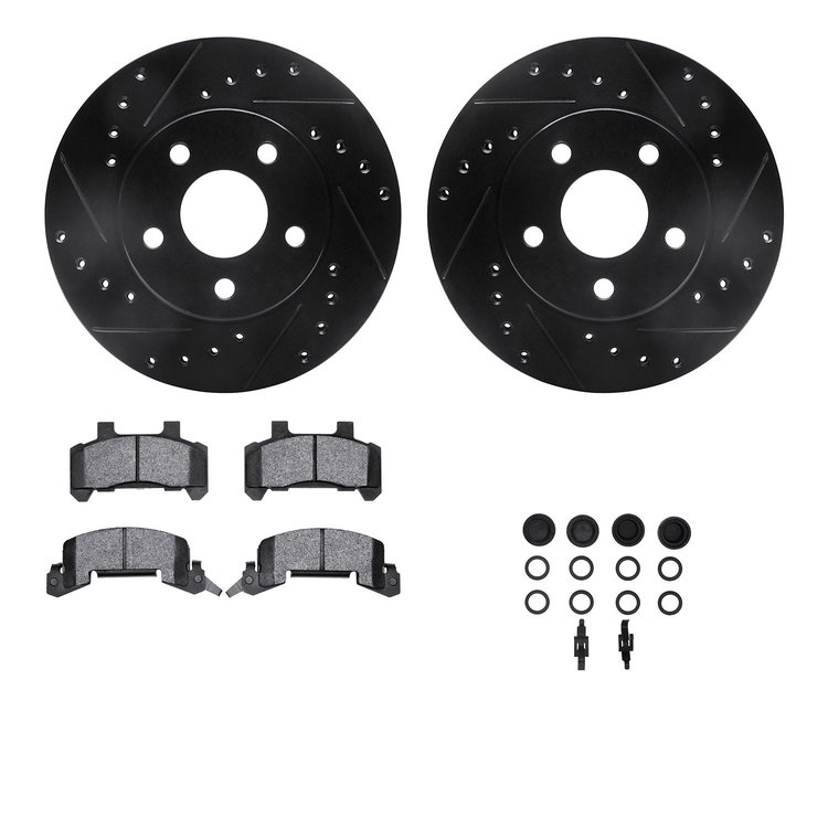 8512-47064 Drilled/Slotted Brake Rotors w/5000 Advanced Brake Pads Kit & Hardware [Black], 1985-1989 GM, Position: Front