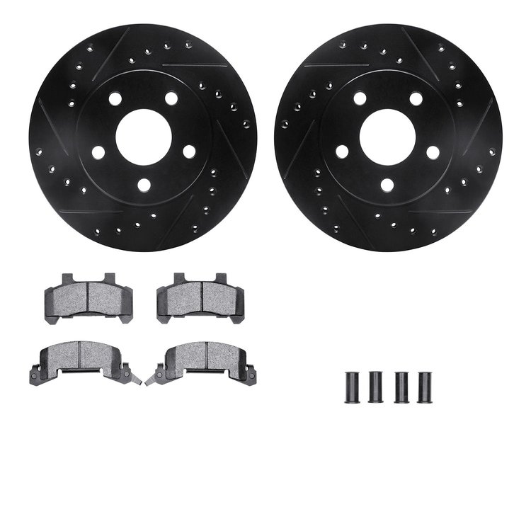 8512-47065 Drilled/Slotted Brake Rotors w/5000 Advanced Brake Pads Kit & Hardware [Black], 1990-1991 GM, Position: Front
