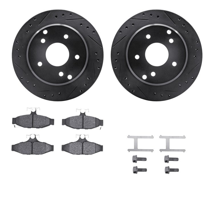 8512-47076 Drilled/Slotted Brake Rotors w/5000 Advanced Brake Pads Kit & Hardware [Black], 1984-1987 GM, Position: Rear