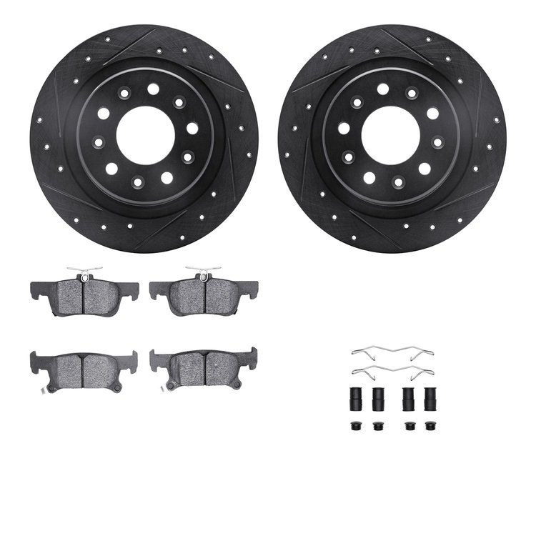 8512-47079 Drilled/Slotted Brake Rotors w/5000 Advanced Brake Pads Kit & Hardware [Black], 2017-2018 GM, Position: Rear