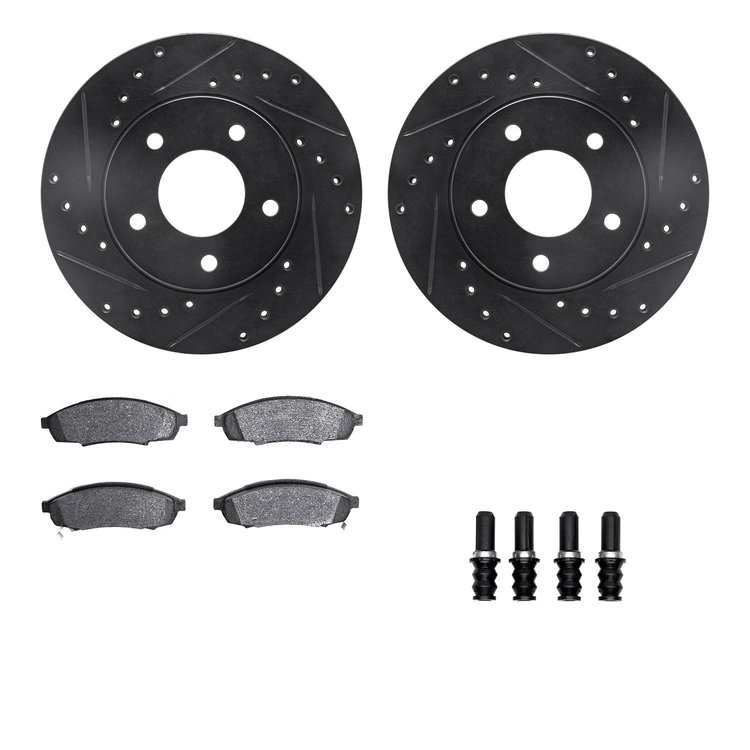 8512-47085 Drilled/Slotted Brake Rotors w/5000 Advanced Brake Pads Kit & Hardware [Black], 1988-1996 GM, Position: Front