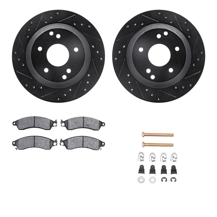 8512-47091 Drilled/Slotted Brake Rotors w/5000 Advanced Brake Pads Kit & Hardware [Black], 1988-1994 GM, Position: Front