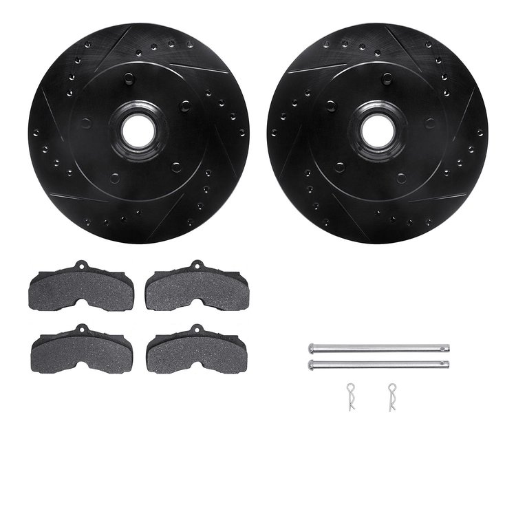8512-47095 Drilled/Slotted Brake Rotors w/5000 Advanced Brake Pads Kit & Hardware [Black], 1967-1968 GM, Position: Front