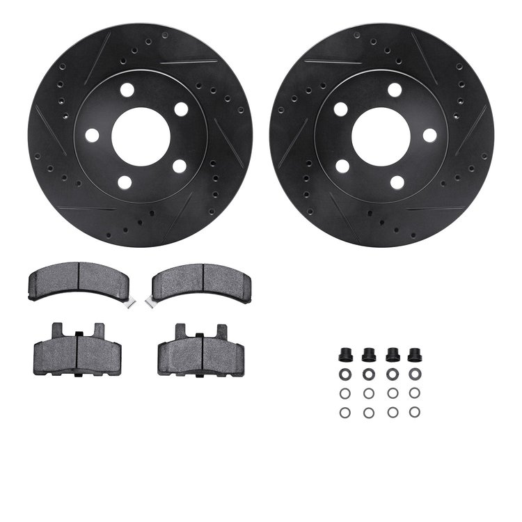 8512-47103 Drilled/Slotted Brake Rotors w/5000 Advanced Brake Pads Kit & Hardware [Black], 1990-1993 GM, Position: Front