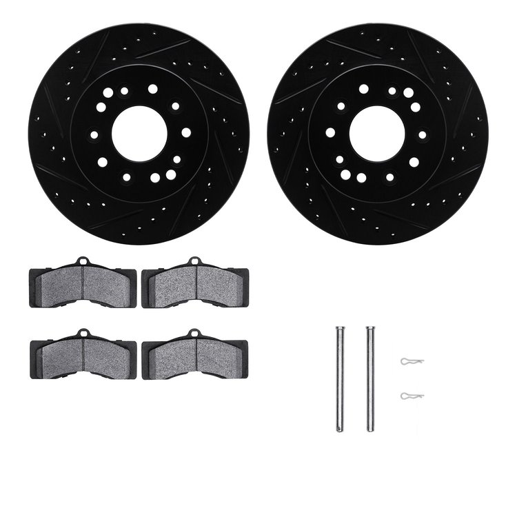 8512-47116 Drilled/Slotted Brake Rotors w/5000 Advanced Brake Pads Kit & Hardware [Black], 1963-1982 GM, Position: Front, Rear