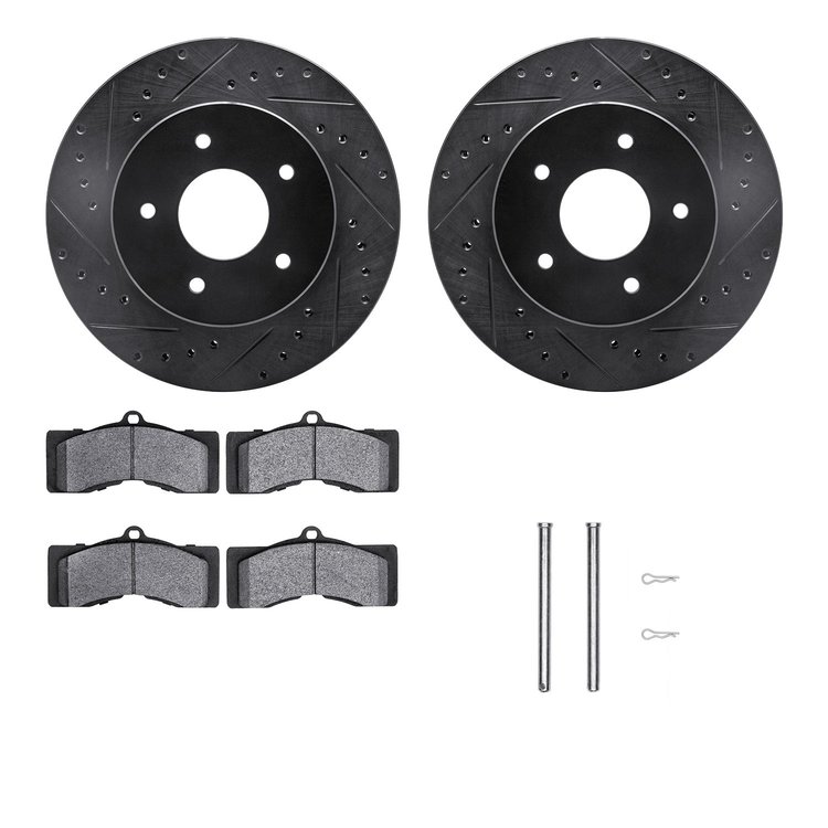 8512-47124 Drilled/Slotted Brake Rotors w/5000 Advanced Brake Pads Kit & Hardware [Black], 1963-1982 GM, Position: Front