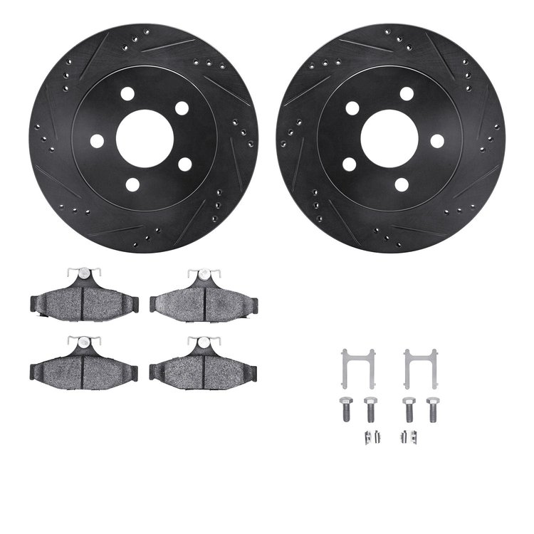8512-47152 Drilled/Slotted Brake Rotors w/5000 Advanced Brake Pads Kit & Hardware [Black], 1993-1997 GM, Position: Rear