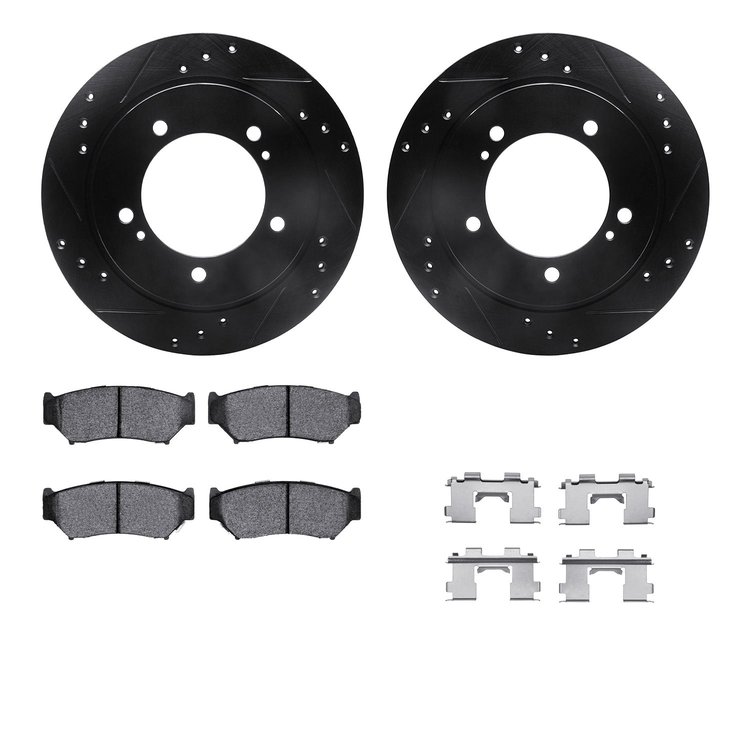 8512-47274 Drilled/Slotted Brake Rotors w/5000 Advanced Brake Pads Kit & Hardware [Black], 2004-2004 Suzuki, Position: Front