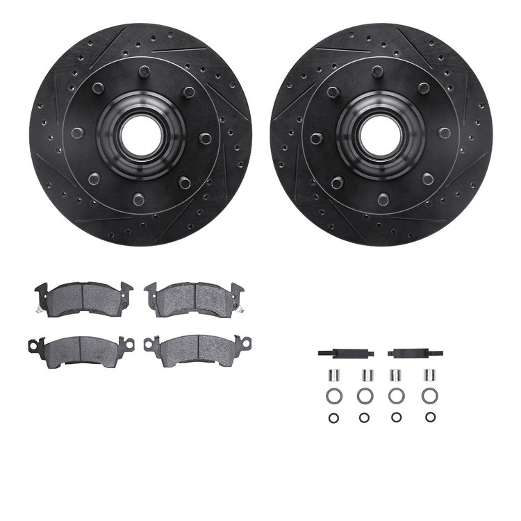 8512-48002 Drilled/Slotted Brake Rotors w/5000 Advanced Brake Pads Kit & Hardware [Black], 1971-1989 GM, Position: Front