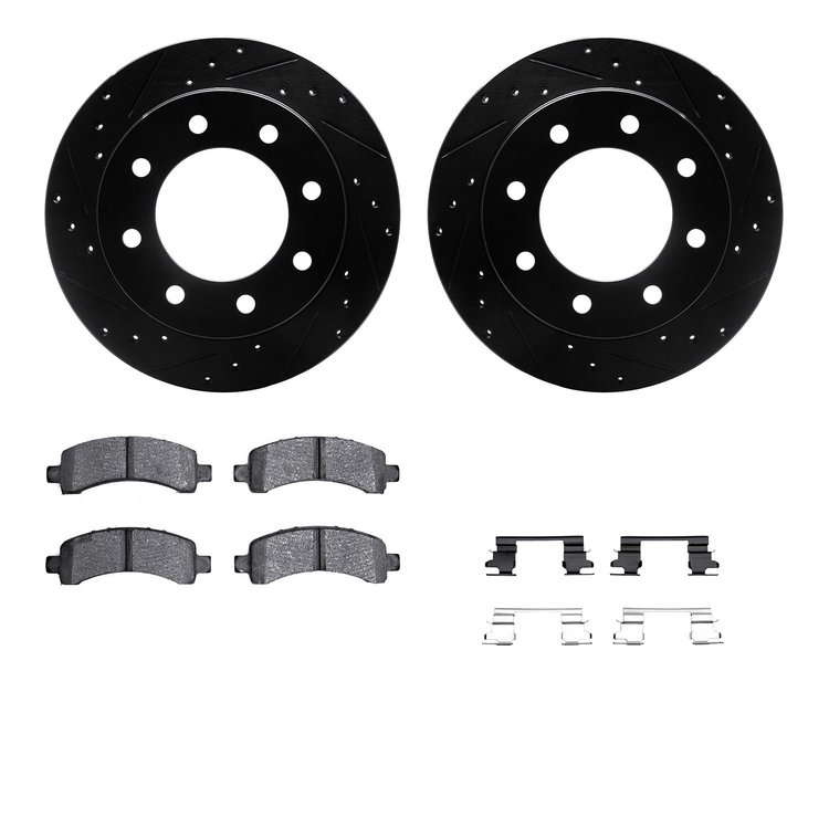 8512-48007 Drilled/Slotted Brake Rotors w/5000 Advanced Brake Pads Kit & Hardware [Black], 2003-2017 GM, Position: Rear