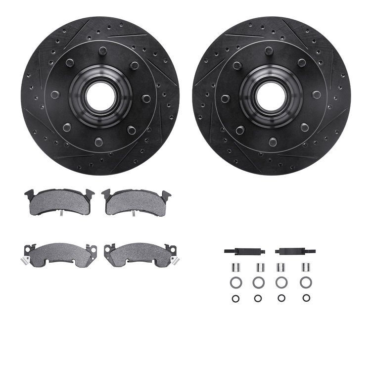 8512-48010 Drilled/Slotted Brake Rotors w/5000 Advanced Brake Pads Kit & Hardware [Black], 1978-1993 GM, Position: Front