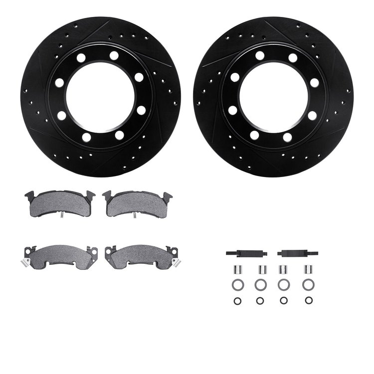 8512-48012 Drilled/Slotted Brake Rotors w/5000 Advanced Brake Pads Kit & Hardware [Black], 1979-1991 GM, Position: Front