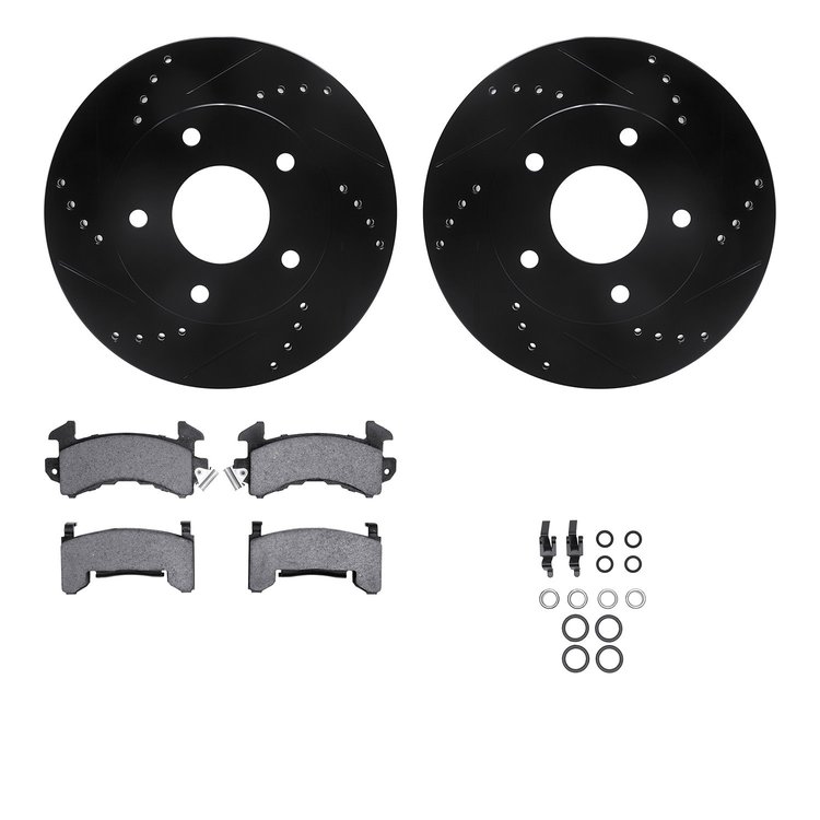 8512-48014 Drilled/Slotted Brake Rotors w/5000 Advanced Brake Pads Kit & Hardware [Black], 1979-1998 GM, Position: Front