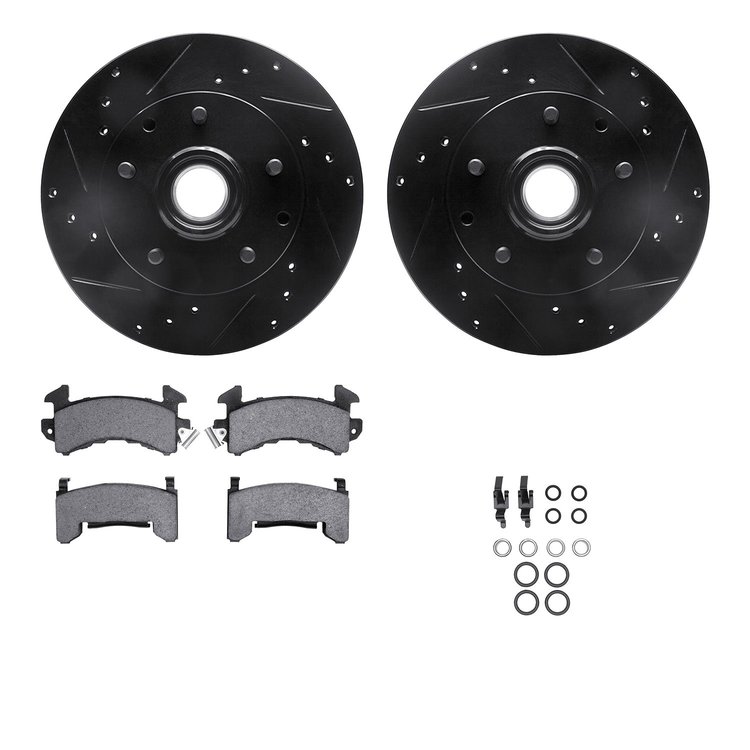 8512-48015 Drilled/Slotted Brake Rotors w/5000 Advanced Brake Pads Kit & Hardware [Black], 1991-2002 GM, Position: Front