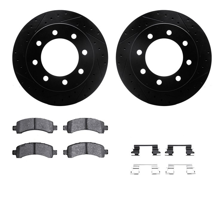 8512-48016 Drilled/Slotted Brake Rotors w/5000 Advanced Brake Pads Kit & Hardware [Black], 2003-2017 GM, Position: Rear