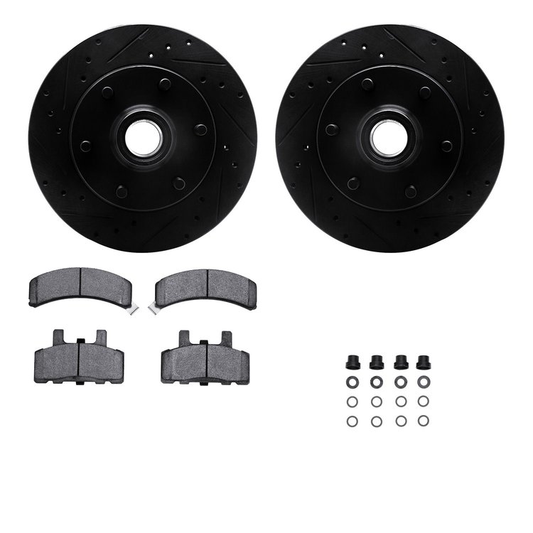 8512-48021 Drilled/Slotted Brake Rotors w/5000 Advanced Brake Pads Kit & Hardware [Black], 1990-1996 GM, Position: Front
