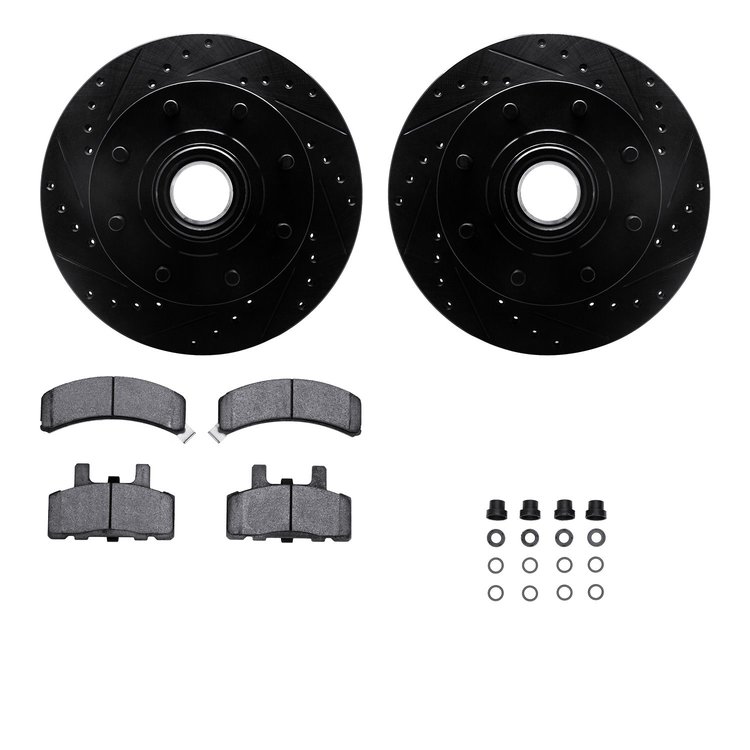 8512-48028 Drilled/Slotted Brake Rotors w/5000 Advanced Brake Pads Kit & Hardware [Black], 1992-2002 GM, Position: Front