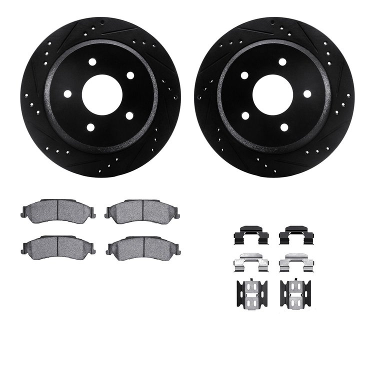 8512-48035 Drilled/Slotted Brake Rotors w/5000 Advanced Brake Pads Kit & Hardware [Black], 1998-2005 GM, Position: Rear