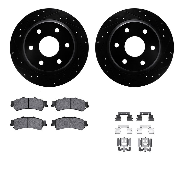 8512-48043 Drilled/Slotted Brake Rotors w/5000 Advanced Brake Pads Kit & Hardware [Black], 1999-2007 GM, Position: Rear