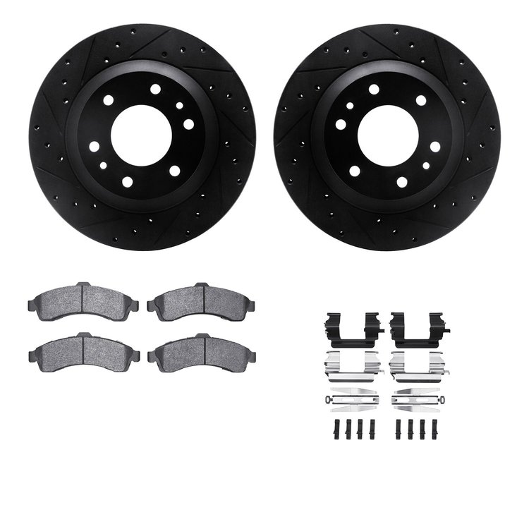 8512-48046 Drilled/Slotted Brake Rotors w/5000 Advanced Brake Pads Kit & Hardware [Black], 2002-2005 GM, Position: Front