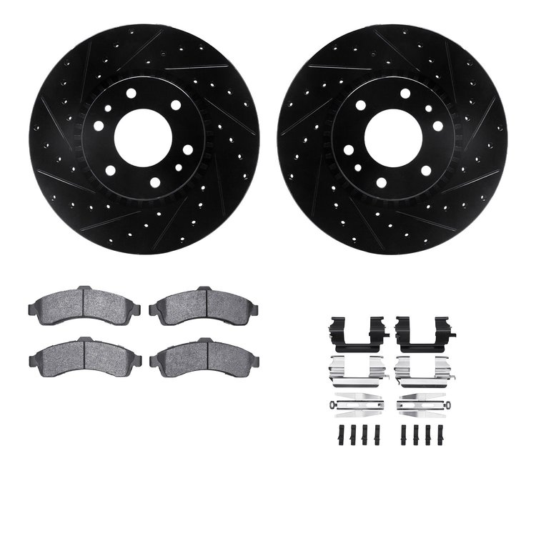 8512-48047 Drilled/Slotted Brake Rotors w/5000 Advanced Brake Pads Kit & Hardware [Black], 2002-2005 GM, Position: Front