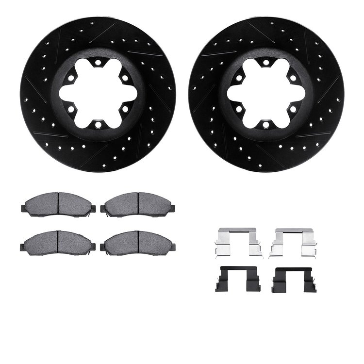 8512-48056 Drilled/Slotted Brake Rotors w/5000 Advanced Brake Pads Kit & Hardware [Black], 2004-2008 GM, Position: Front