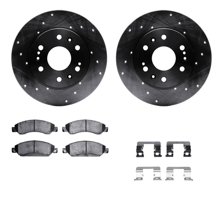 8512-48057 Drilled/Slotted Brake Rotors w/5000 Advanced Brake Pads Kit & Hardware [Black], 2005-2008 GM, Position: Front
