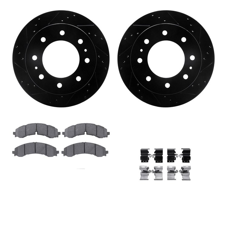 8512-48077 Drilled/Slotted Brake Rotors w/5000 Advanced Brake Pads Kit & Hardware [Black], Fits Select GM, Position: Rear