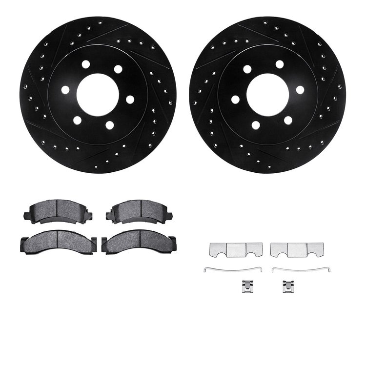 8512-48093 Drilled/Slotted Brake Rotors w/5000 Advanced Brake Pads Kit & Hardware [Black], 1994-1995 GM, Position: Front