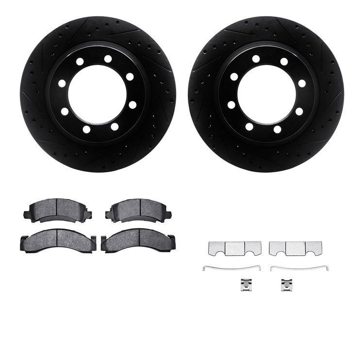 8512-48144 Drilled/Slotted Brake Rotors w/5000 Advanced Brake Pads Kit & Hardware [Black], 1976-1996 GM, Position: Front