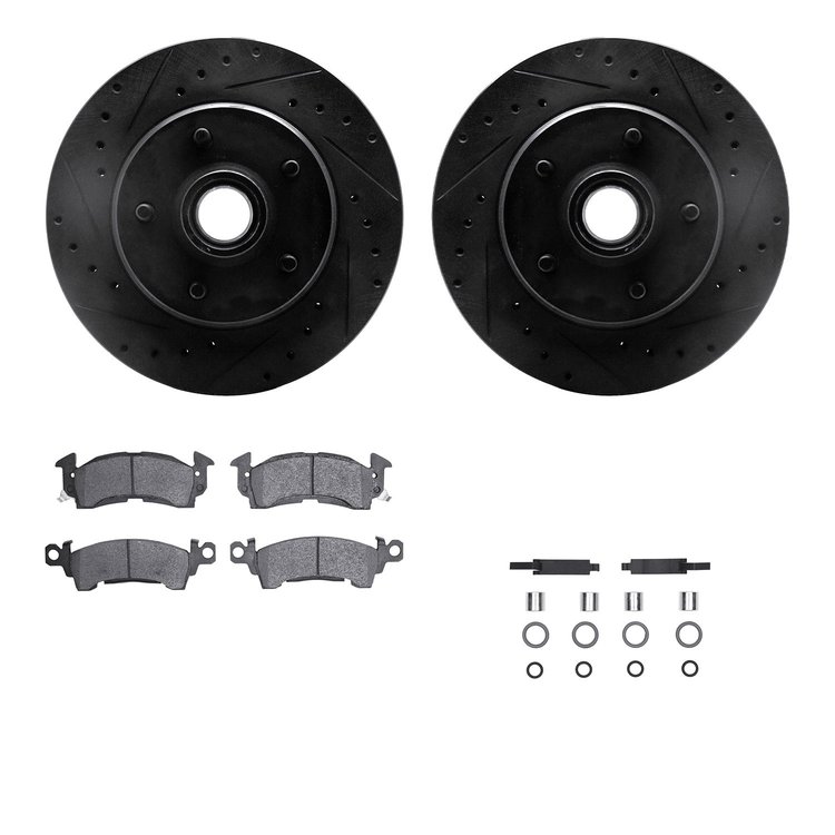 8512-48147 Drilled/Slotted Brake Rotors w/5000 Advanced Brake Pads Kit & Hardware [Black], 1990-2002 GM, Position: Front