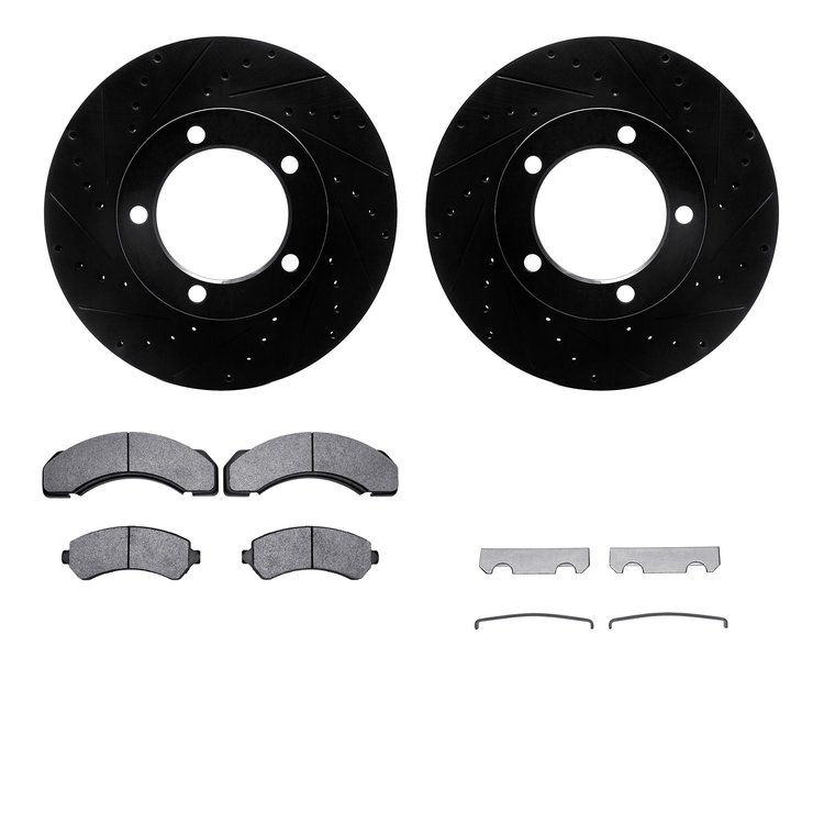 8512-48195 Drilled/Slotted Brake Rotors w/5000 Advanced Brake Pads Kit & Hardware [Black], 1997-2005 Multiple Makes/Models, Posi