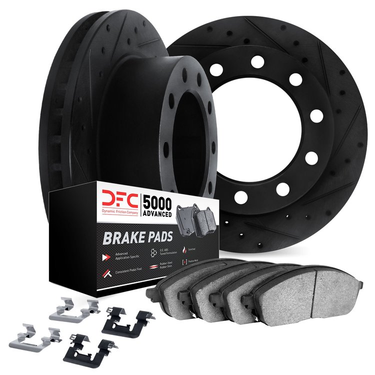 8512-48209 Drilled/Slotted Brake Rotors w/5000 Advanced Brake Pads Kit & Hardware [Black], 1994-2000 GM, Position: Rear