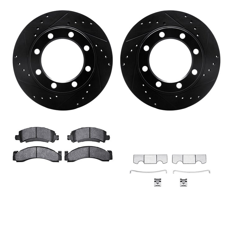 8512-48351 Drilled/Slotted Brake Rotors w/5000 Advanced Brake Pads Kit & Hardware [Black], 1971-1973 GM, Position: Front