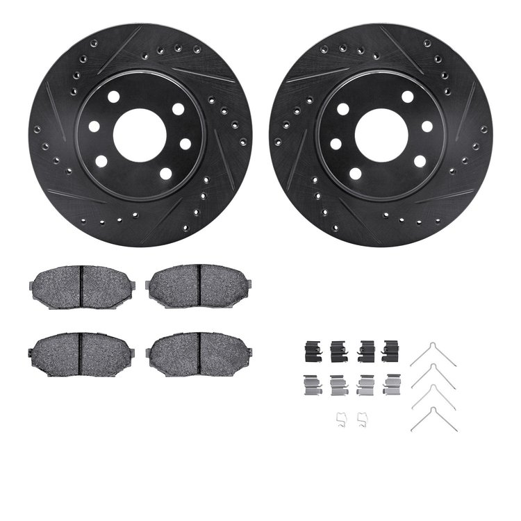 8512-50001 Drilled/Slotted Brake Rotors w/5000 Advanced Brake Pads Kit & Hardware [Black], 1989-1993 GM, Position: Front