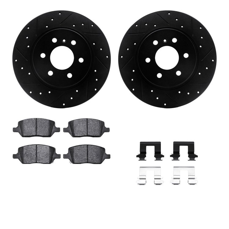 8512-52008 Drilled/Slotted Brake Rotors w/5000 Advanced Brake Pads Kit & Hardware [Black], 2006-2009 GM, Position: Rear