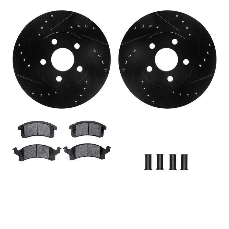 8512-52022 Drilled/Slotted Brake Rotors w/5000 Advanced Brake Pads Kit & Hardware [Black], 1990-2005 GM, Position: Front
